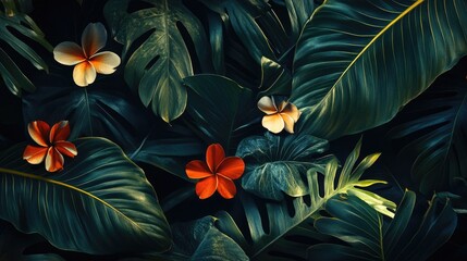 Wall Mural - A lush green jungle with a variety of flowers, including red and yellow ones. The image has a vibrant and lively mood, with the bright colors of the flowers contrasting against the dark green leaves