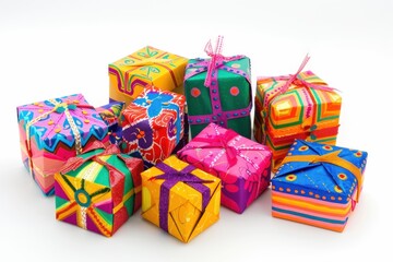 Wall Mural - Colorful and beautifully wrapped gift boxes stacked together in an artistic arrangement against a bright background isolated on transparent background