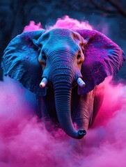 Wall Mural - a colorful elephant is standing in a cloud of pink and purple smoke. the elephant is surrounded by a