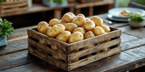 Poster - A simple wooden crate holding a bunch of fresh potatoes on a rustic wooden table, ready for cooking or serving.