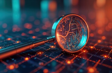Aufkleber - Futuristic tech illustration shows magnifier analyzing data on glowing circuit board. Modern data analysis concept. Abstract tech design search engine optimization with vibrant colors. Digital graph,