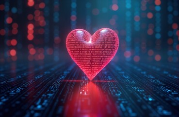 AI expresses digital love on Valentine Day. Glowing heart-shaped form visible in illustration. Binary code forms heart. Algorithms create personalized love notes. Valentine Day tech love shown.