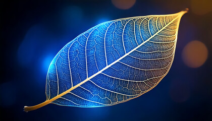 Close-up of a single leaf with intricate vein patterns, illuminated by vibrant blue and golden light, set against a blurred bokeh background. Highlights the delicate structure and beauty of nature.