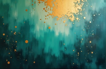 Aufkleber - Abstract painting with teal, gold tones. Layered colors create dynamic effect. Metallic gold leaf adds touch of luxury. Irregular pattern of gold specks, circles against deep teal. Contemporary,