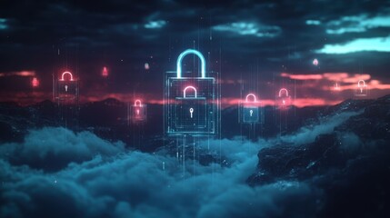 Poster - glowing digital padlocks hover above a mountain range at sunset, symbolizing cloud data security and