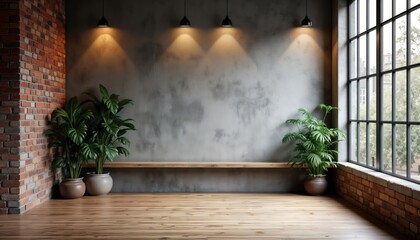 Poster - Spacious loft room features floor-to-ceiling window with wooden sill. Concrete walls, brick accents create industrial style. Plants in pots add touch of green plants. Sunlight streams in. Interior