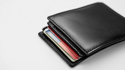 Wall Mural - Ultra-realistic image of a black leather passport holder with card slots, isolated on a white background
