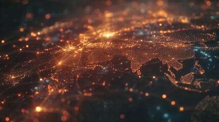 Poster - global communication network connecting various points on earth with glowing dots and lines, represe