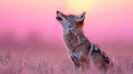  Coyote howling at sunset in a pink field. Wildlife photography for nature documentaries