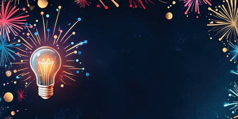 Wall Mural - Bright Idea Lightbulb with Fireworks, Celebration Background