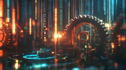 Rotating large gears in a futuristic cyberspace environment feature digital rain in the background and a glowing floor reflecting light, creating a tech inspired atmosphere