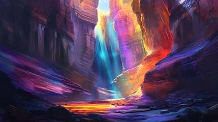 Poster - A vibrant canyon with light beams illuminating the colorful rock formations. Vibrant Canyon. Illustration