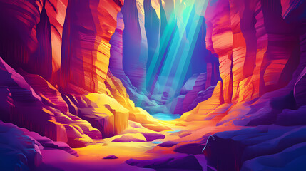 Poster - A vibrant canyon with light beams illuminating the colorful rock formations. Vibrant Canyon. Illustration