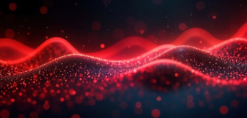 Poster - Abstract design with flowing red wavy lines. Particles of light create dynamic pattern. Red, dark colors create energy, motion. Abstract illustration suitable for background image. Could used in