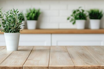 Poster - Empty wooden kitchen table with plant and blurred background