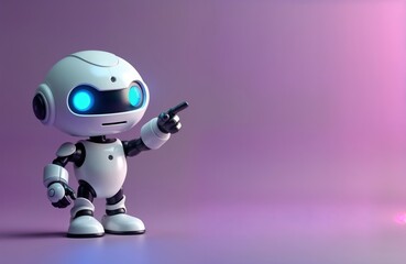 Aufkleber - Cute robot points to empty copy space. Friendly bot welcomes guest. 3D render of small robot in tech illustration. Modern tech character for future, happy, greeting design. Isolated on purple