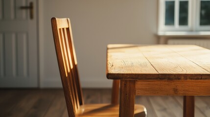 Poster - Wooden table and chair illuminated by warm sunlight in an empty room