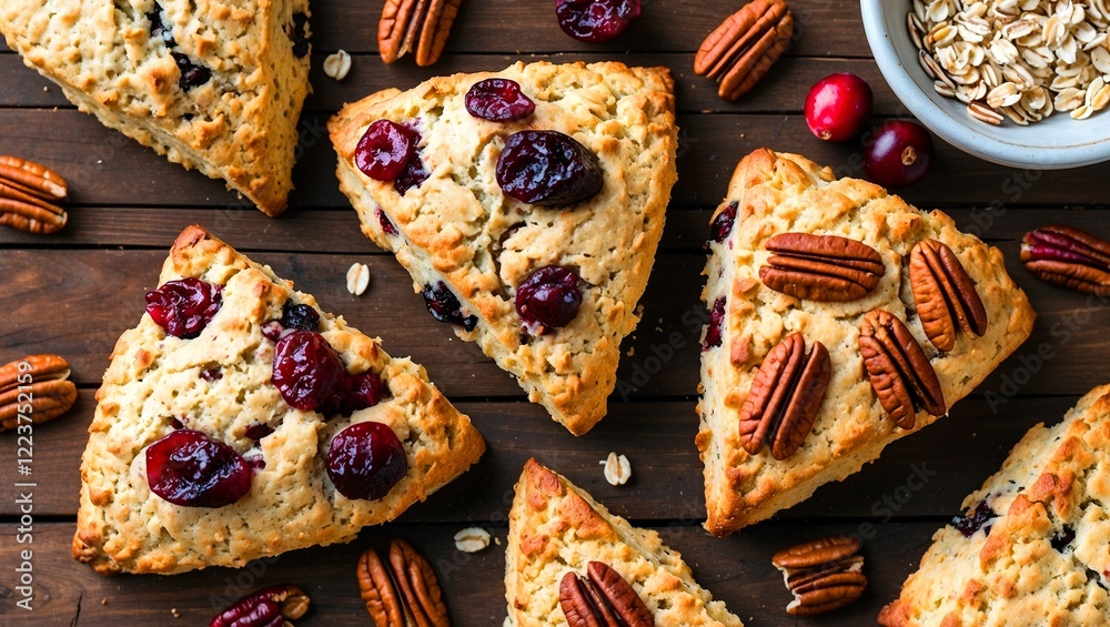 Delicious oat cranberry pecan scones on wooden surface
