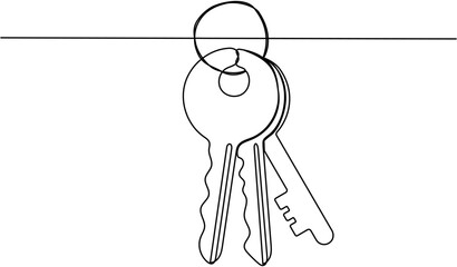 Poster - Keys continuous one line art drawing. Private security symbol. Vector hand drawn illustration isolated on white.