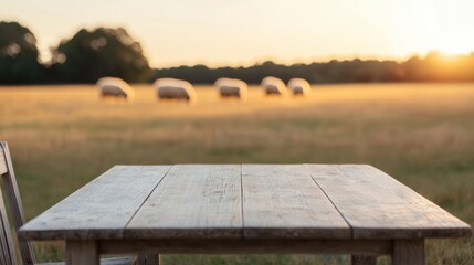Poster - Empty wooden table in idyllic farm setting with grazing sheep at sunset