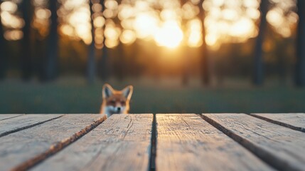 Fototapete - Fox peeking over wooden table at sunset in forest