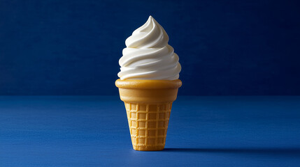 Wall Mural - Soft-serve ice cream in a waffle cone against a blue backdrop.