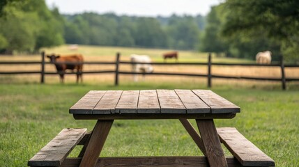 Poster - Empty picnic table inviting to a countryside meal with blurred cows in background