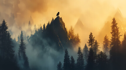 Wall Mural - Majestic owl perched atop a misty mountain peak at dusk, surrounded by towering trees and a backdrop of warm, golden light with subtle texture. Whispering Peak. Illustration