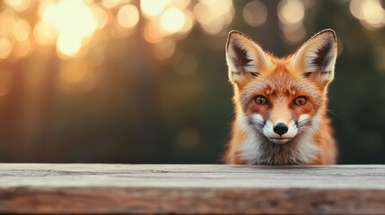 Poster - Curious fox peering over wooden table in enchanting forest at sunrise