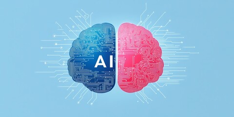 Creative representation of a brain divided in two, blending human intellect with cutting-edge technology