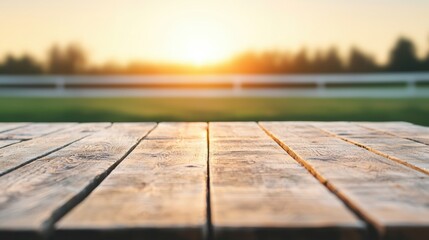 Fototapete - Empty wooden table overlooking farm at sunset creating serene background
