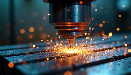 Poster - CNC milling machine cuts metal creating sparks. Precision machining process generates vibrant sparks. Industrial manufacturing scene. Modern technology, metalwork. Close-up view of high tech