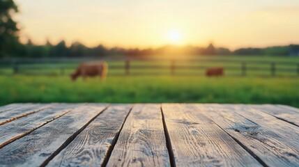 Poster - Empty wooden table overlooking farm at sunset with grazing cows