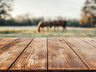 Fototapete - Empty wooden table overlooking horses grazing in a field