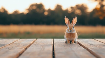 Poster - Curious rabbit sitting on a wooden table in a field at sunset