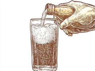 Canvas Print - A hand-drawn, black and white illustration of beer pouring from a bottle into a glass, designed for t-shirt print, with a modern scratch board engraving imitation