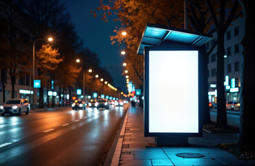 blank white digital billboard at night city bus stop. empty space for advertisement on urban street.