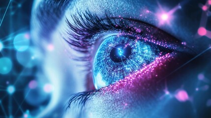 Poster - Futuristic vision of a woman eye with digital data scanning and visualization, exploring themes of artificial intelligence, biometrics, and the integration of technology with the human body