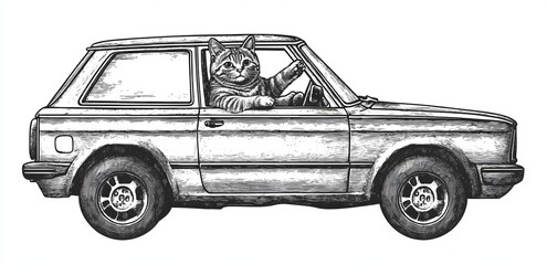 A hand-drawn, black and white illustration of a cat driving a car, designed in a modern engraving style that replicates scratchboard art