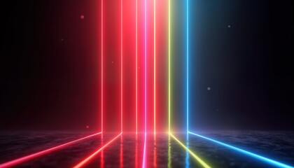 Poster - Abstract futuristic design with vibrant spectrum neon lights. Colorful lines create impressive effect. Dark background emphasizes bright colors. Perfect for tech, party themes. Modern illustration