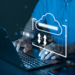 Aufkleber - Digital Transformation: Businessman Downloads and Uploads Data via Glowing Cloud Computing Network, Innovative Technology Concept for Data Transfer and System  