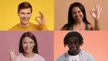 Poster - A collection of four individuals displays cheerful gestures and expressions against colorful backgrounds. Each person showcases happiness and positivity, making a lively presentation.