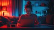 © Watanabe - Happy freelancer woman working on a laptop at her home workspace, using the computer in a cozy living room, enjoying online communication, and browsing social media