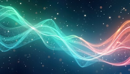 Poster - Abstract design with flowing lines in green blue, pink colors. Glowing lines create dynamic motion effect. Stars create night sky effect. Illustration used for wallpaper backgrounds for various