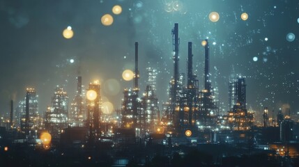 Poster - Futuristic oil refinery plant glowing at night with digital particles floating in the air, creating a mesmerizing and technologically advanced industrial scene