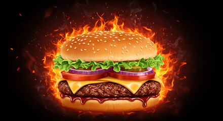 Wall Mural - Flaming Hot Burger: Juicy Beef Patty, Melted Cheese, and Fresh Toppings