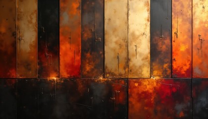 Aufkleber - Abstract art piece with warm color palette. Wall panel design. Rich colors, textures evoke sense of depth, warmth. Use of shades of brown copper sepia gold red, orange creates visually interesting