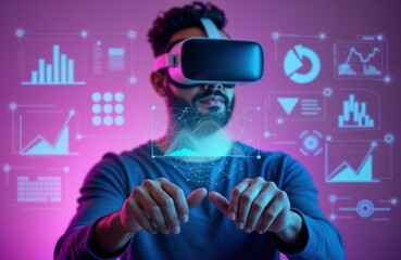 Poster - Man wearing VR headset interacts with virtual charts. Futuristic tech concept. Virtual reality display shows data graphs. Person analyzes data using digital interface. Modern innovation in tech.