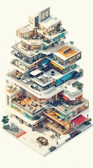 Fototapete - A Multi-Level Architectural Marvel: An Isometric View of a Modern City Complex.