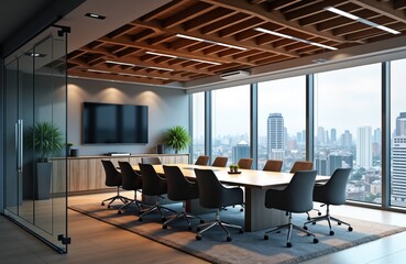 Aufkleber - Modern conference room with city view. Large windows show urban skyline. Wooden table, dark chairs arranged around. Flat screen TV mounted on wall. Plants add element of nature to space. Interior
